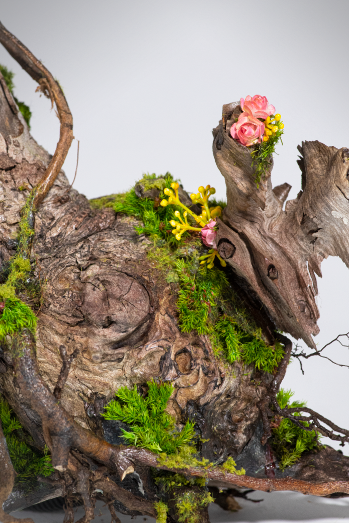 A close-up of a piece of driftwood decorated with pink and yellow flowers and green moss.