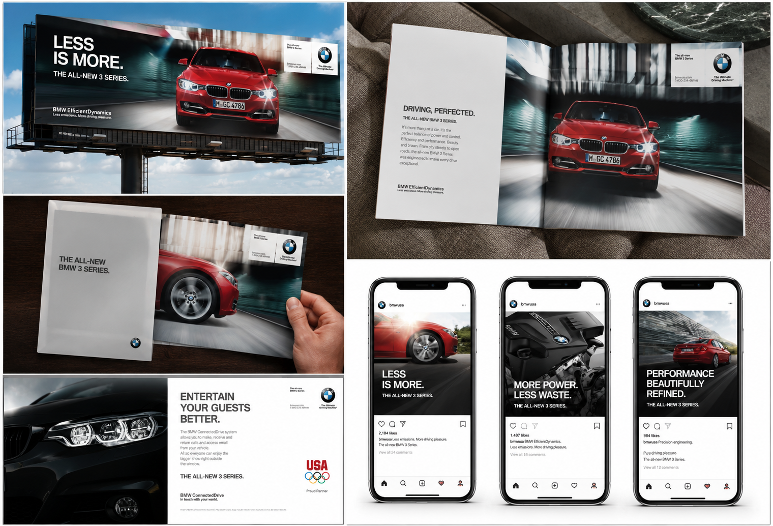 Various BMW advertisements and promotional materials showcase a red BMW 3 Series car. The images include outdoor billboards, a brochure, and social media posts highlighting the car's features, performance, and efficiency, with slogans like 'Less is More,' 'Entertainment Better,' 'More Power Less Waste,' and 'Performance Beautifully Refined.' There are also close-up views of the car's interior and engine, emphasizing innovation and refinement.