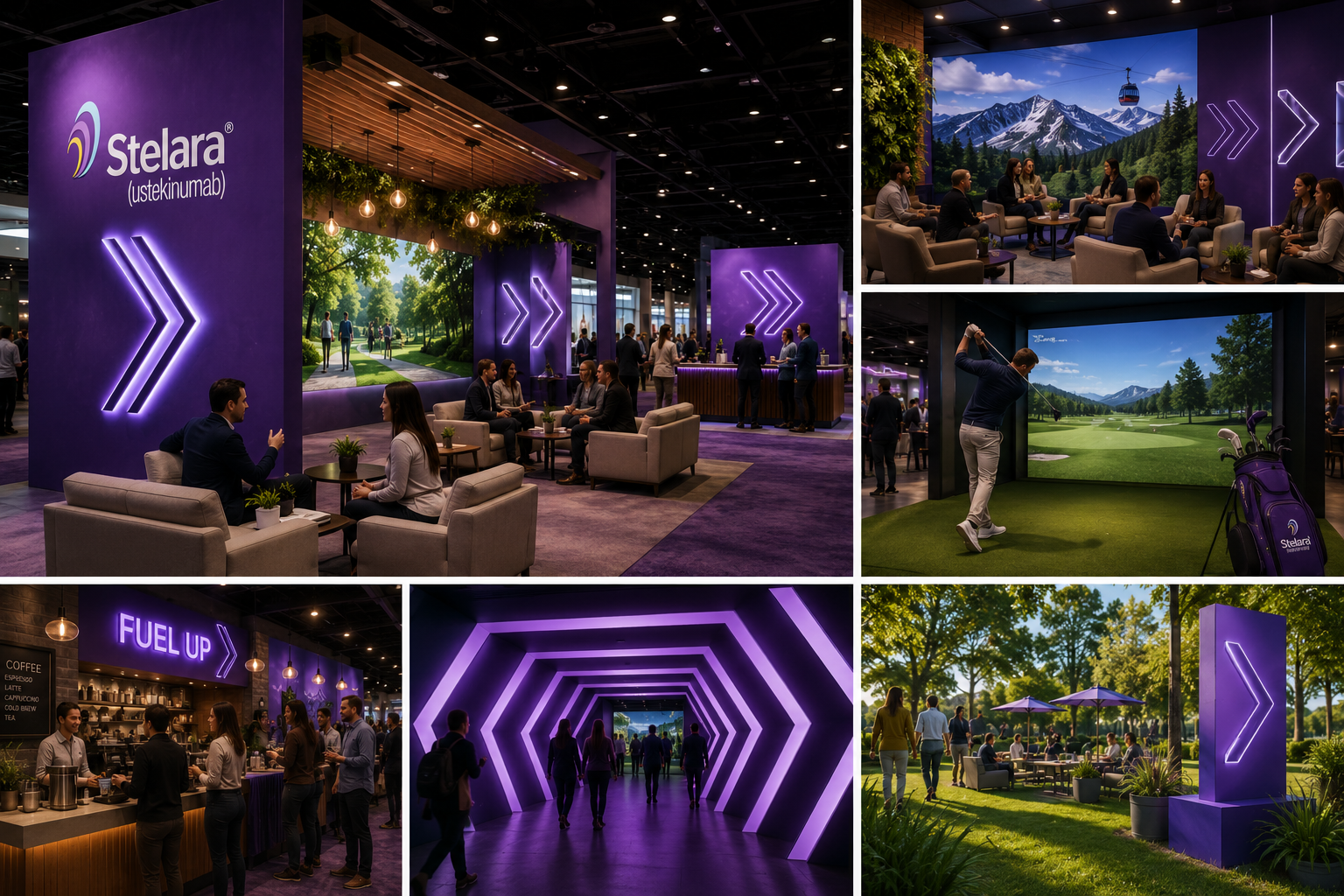 Collage of scenes from a golf and leisure expo with purple neon signs and themed decor, including a golf simulator, outdoor lounge, indoor meeting area, and a cafe, all with a purple and purple lighting theme.