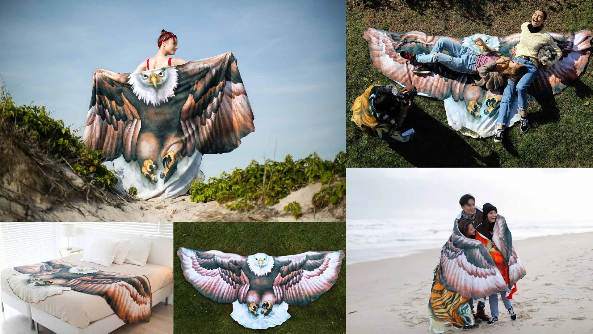 A large eagle-themed blanket with detailed eagle artwork, shown in various settings including outdoors on the beach and grass, on a bed indoors, and being used by groups of people outdoors.