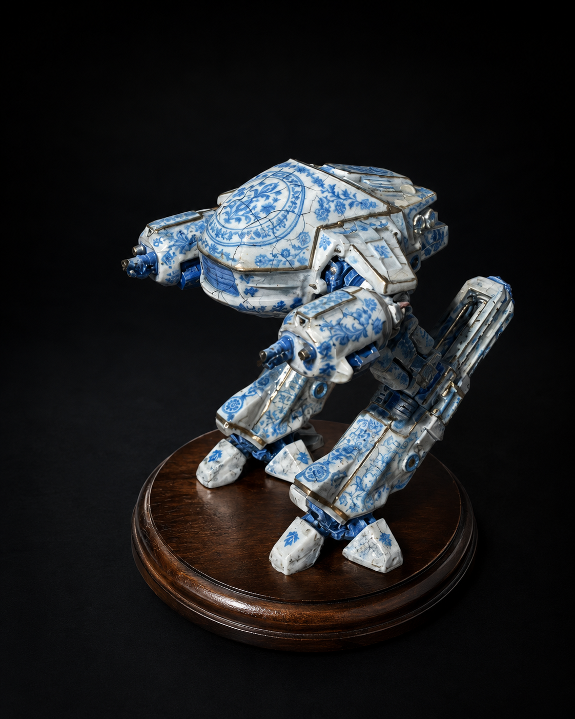 A robot made from blue and white patterned porcelain, resembling traditional Chinese blue and white ceramics, standing on a wooden base against a black background.