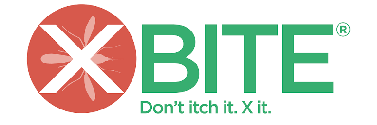 Logo for X-Bite with a red circle containing a white 'X' and small graphic representations of insects, accompanied by the text 'X-BITE' and the slogan 'Don't itch it. X it.'