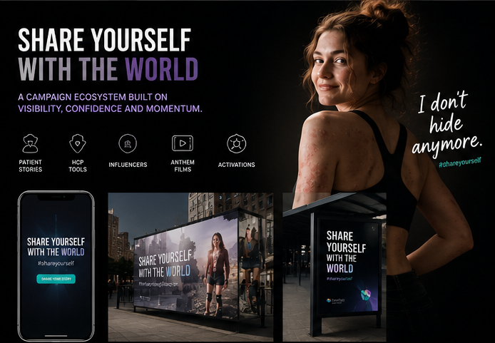 A promotional poster for a campaign called 'Share Yourself With The World,' featuring a woman with curly hair wearing a black top, smiling at the camera, with the message 'I don't hide anymore.' The poster includes images of digital screens and a smartphone displaying the campaign name.