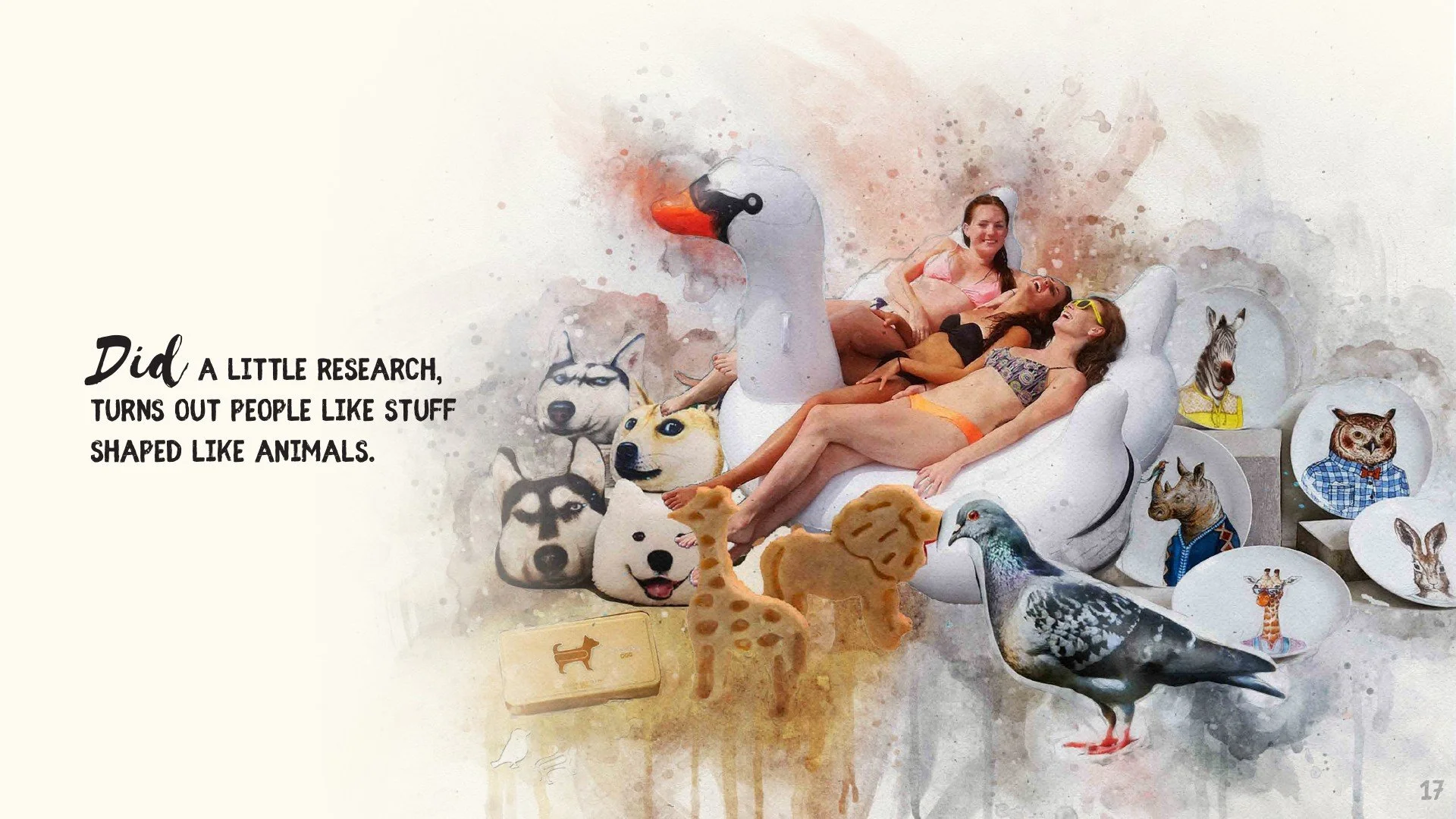 A group of three women in swimsuits relaxing on a swan-shaped chair surrounded by various animal-shaped masks and stuffed animal heads, with a message about research and animal shapes.