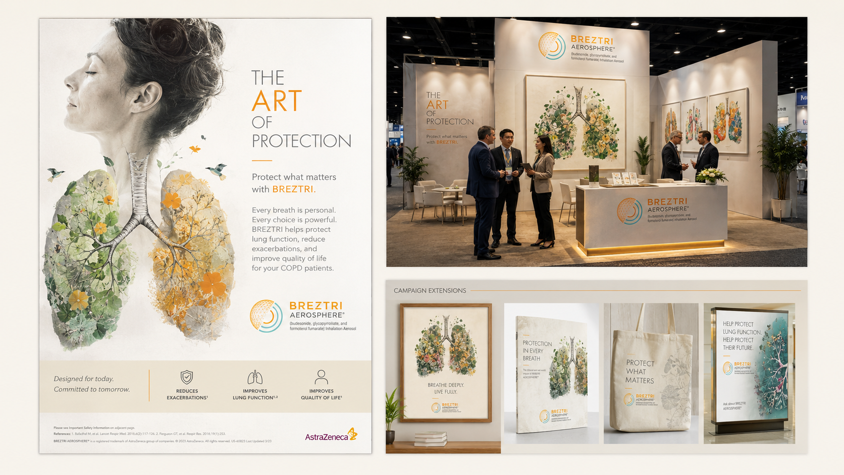 Exhibition booth for BREZTRO AEROSPHERE at a trade show, featuring an illustrated poster of lungs with tree and flower imagery, and a staff engaging with visitors. The booth displays promotional materials including banners, tote bags, and informational posters about lung health and protection.