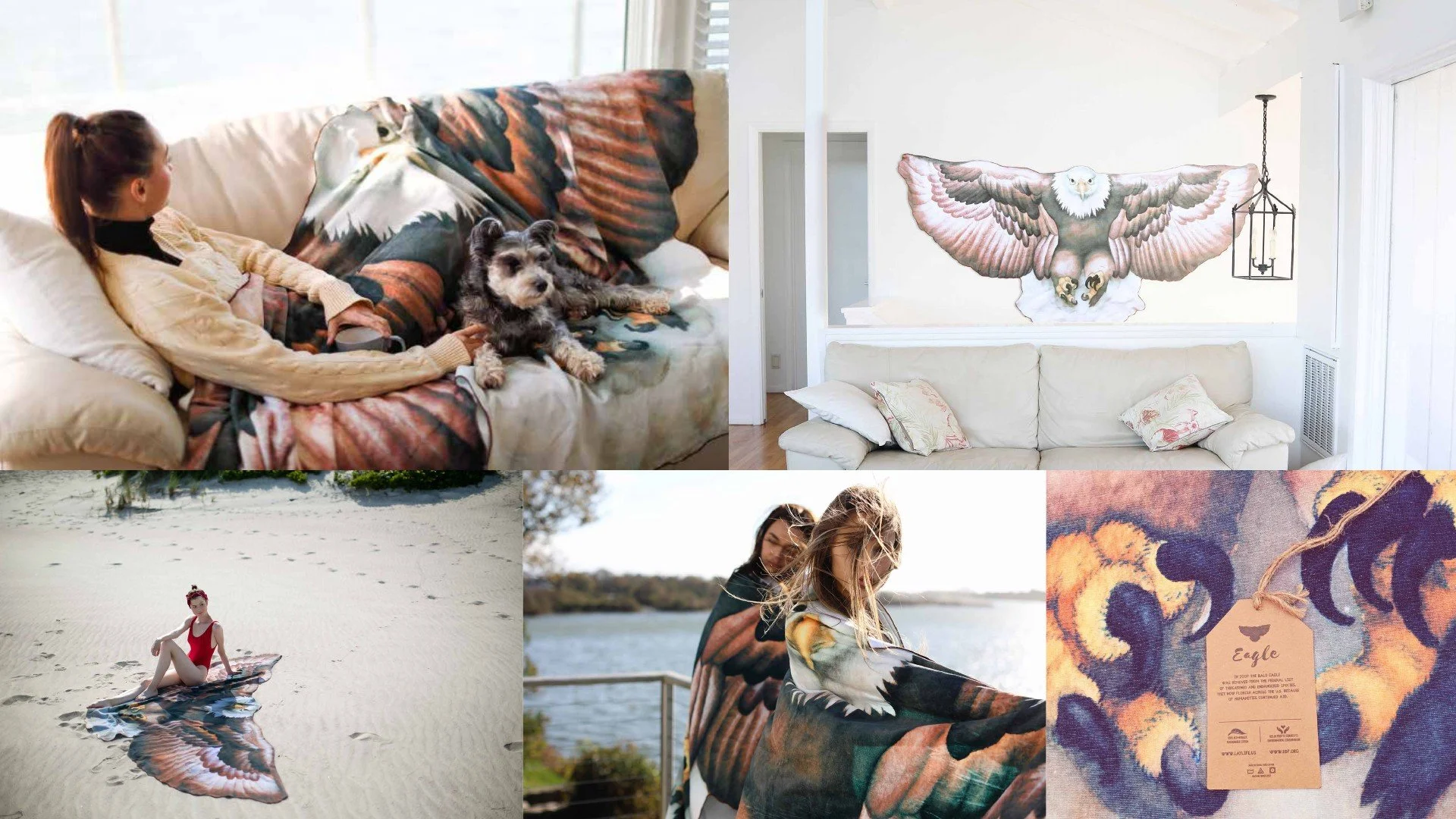 A collage of images featuring a woman, a dog, a woman at the beach, a girl on a blanket, a wall with a mural of an eagle, and a close-up of a blanket with eagle-themed tags.