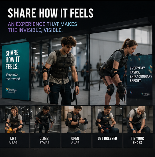 Poster illustrating physical activities: lift a bag, climb stairs, open a jar, get dressed, tie shoes; with text about sharing how it feels and making the invisible visible.
