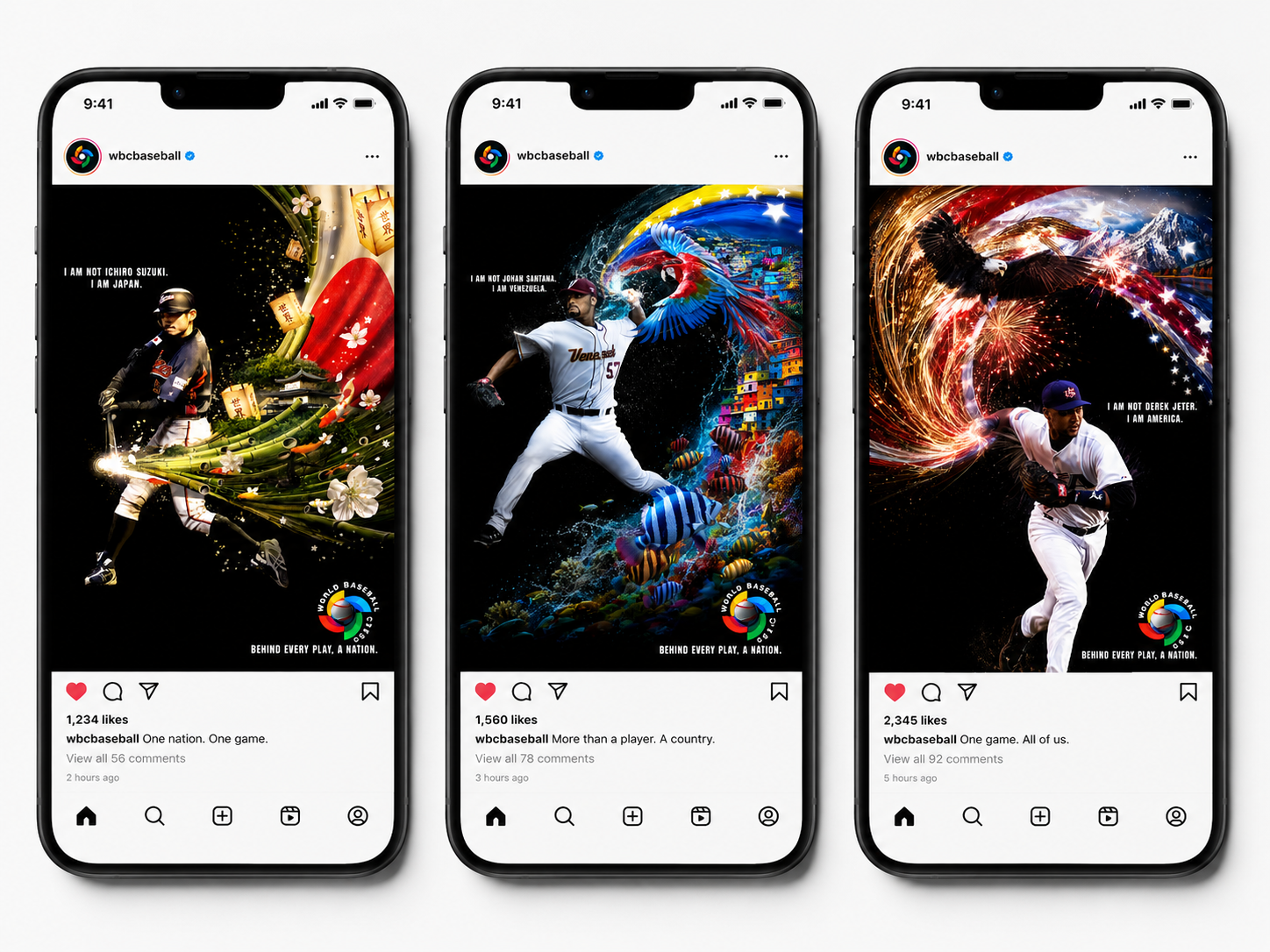 Three smartphones displaying promotional images for baseball with colorful backgrounds featuring athletes in action and the World Baseball Classic logo.
