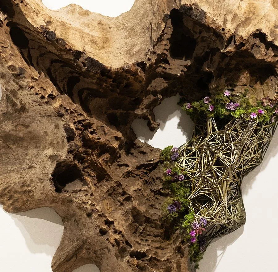 Mixed media art piece combining natural wood and metal geometric structures with purple flowers and green moss.