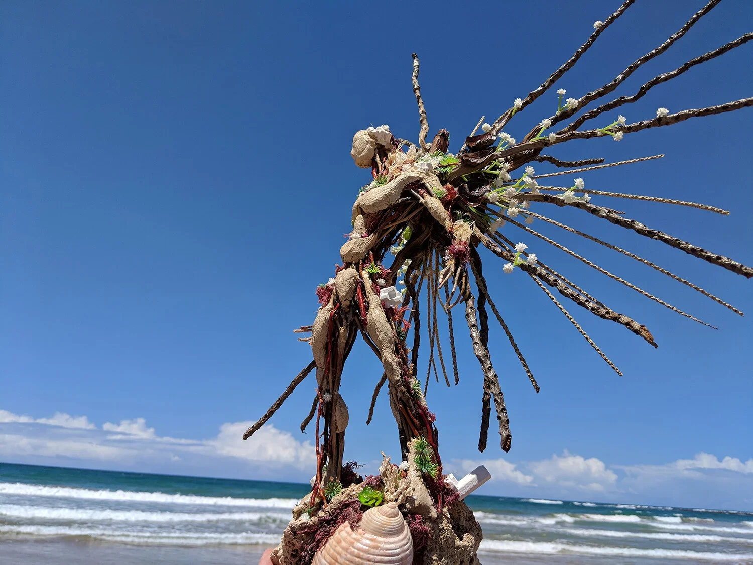 A mixed media sculpture resembling a human figure, made of driftwood, shells, and small plants, set against a beach and ocean with blue sky and clouds.