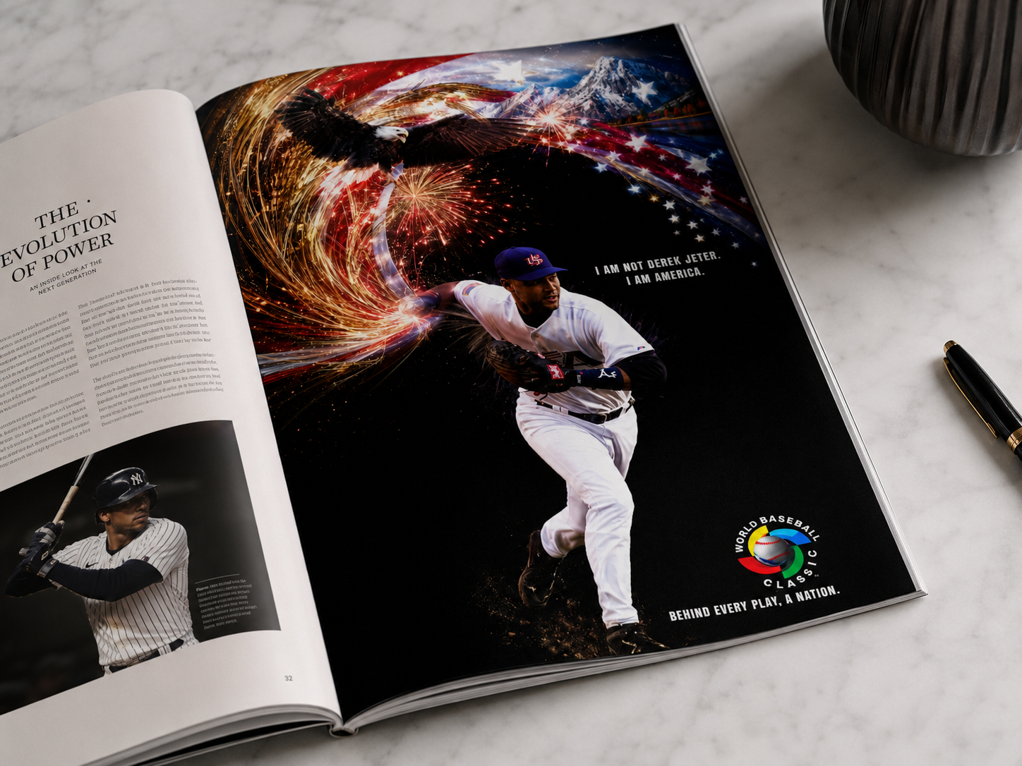 Magazine open to a baseball ad featuring a player in action against a backdrop of fireworks, an eagle, and an American flag, with the slogan "I am not Derek Jeter. I am America."
