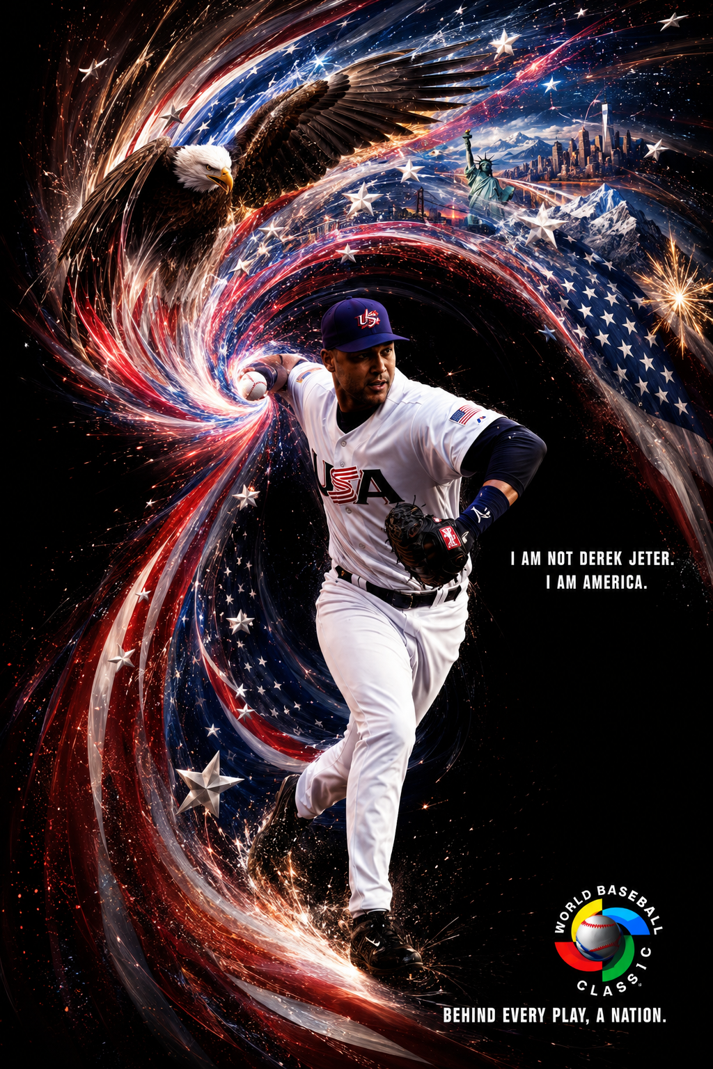 A baseball player in US national team uniform running with a background of stars, American flag, and iconic images like the Statue of Liberty. Includes text: "I am not Derek Jeter. I am America." and the World Baseball Classic logo.