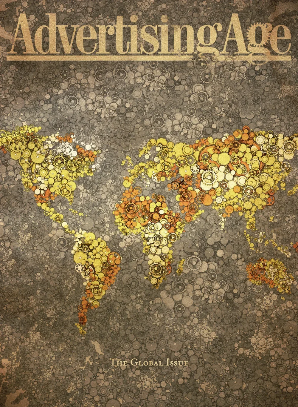 A world map composed of numerous gear and cogwheel illustrations in shades of yellow, orange, and white on a textured, dark background, with the text 'Advertising Age' at the top and 'The Global Issue' at the bottom.