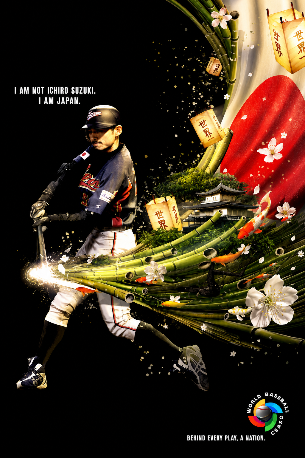 A baseball player in uniform holding a bat, surrounded by traditional Japanese elements such as cherry blossoms, fishing fish, bamboo, paper lanterns, and a Japanese building, with the text 'I am not Ichiro Suzuki. I am Japan.' and the World Baseball Classic logo.