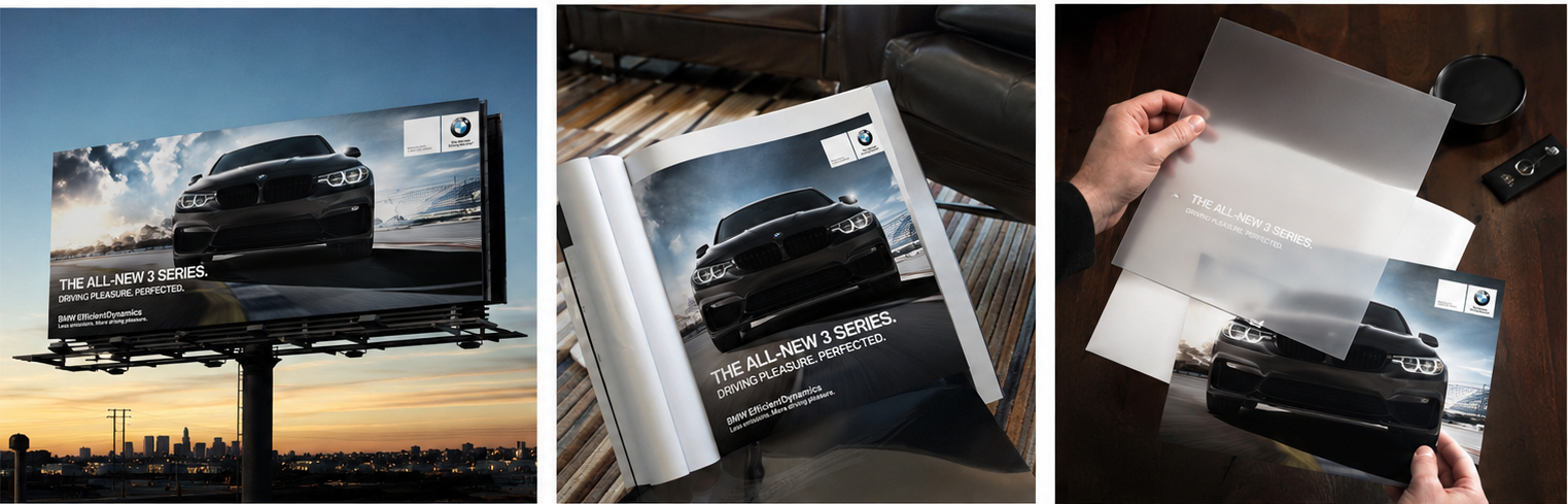 Three images of a BMW advertisement for the all-new 3 Series. The first shows the billboard against a city skyline at sunset. The second displays the open magazine with the same car advertisement. The third depicts a person peeling back a protective sheet from a printed advertisement of the car, with a TV remote and other items on a wooden surface.