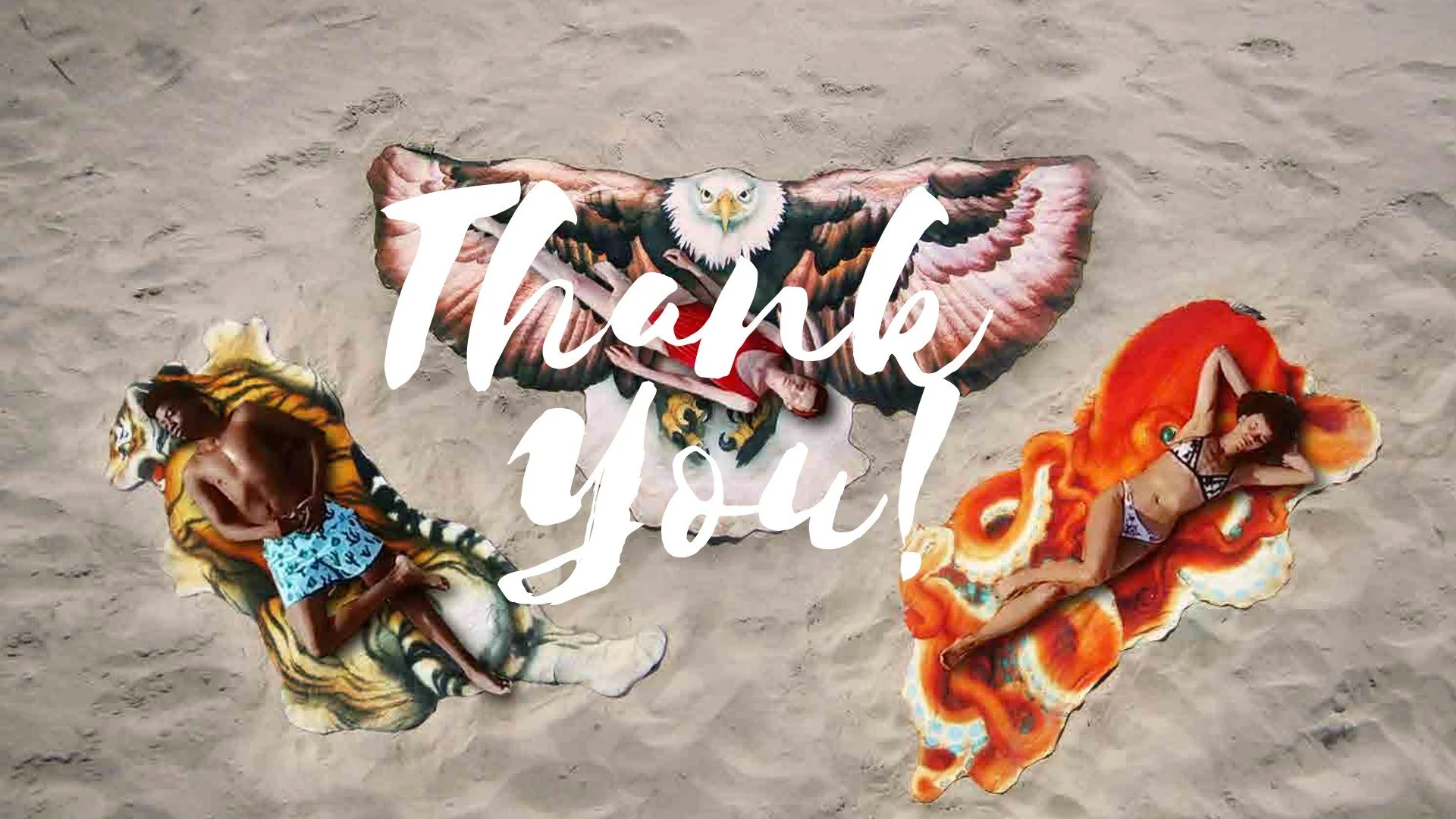 Three women sunbathing on the beach under colorful beach towels with a large eagle graphic and the words "Thank You!" overlaid on the image.
