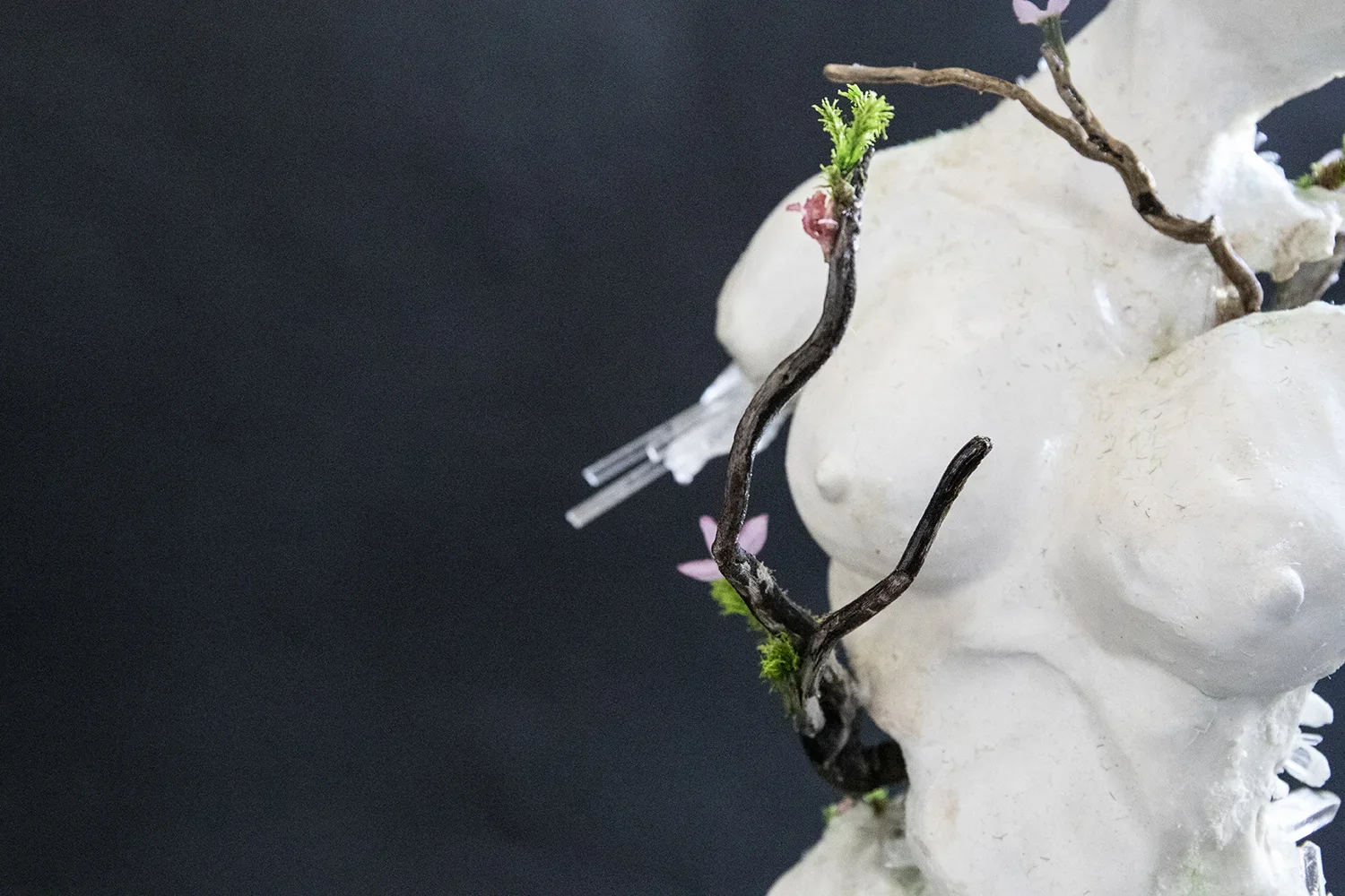 Close-up of a stylized skull sculpture adorned with twigs, small green moss, and pink flowers against a black background.