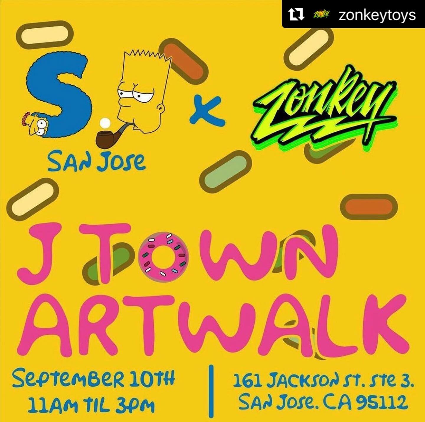 This weekend! 🙌 #Repost @zonkeytoys 
・・・
@sanjosesimpsons is gonna be out front of the store during @jtownartwalk next Saturday, September 10th, 11am to 3pm! 👍
.
.
.
.
#thesimpsons #localartists #supportlocalartists #toystore #designerart #collecti