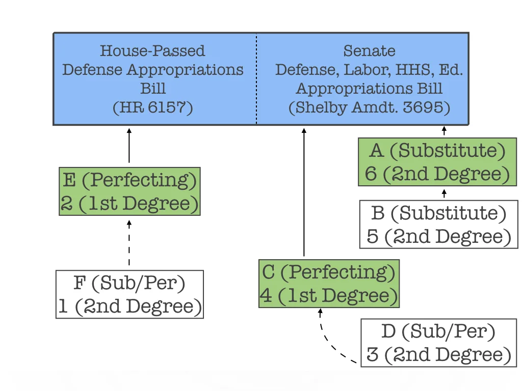 After the Shelby amendtment is pending, it is considered part of the underlying bill for purposes of amendment. Amendments can then be offered at branches A , C , and E .