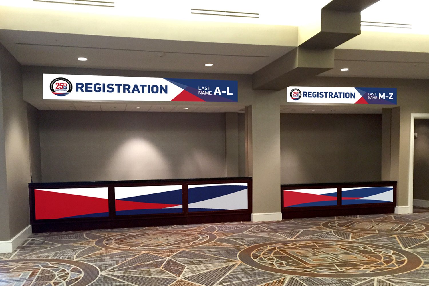   MOCK-UP:  Photoshopped preview of signage panels to approve design of registration booth 