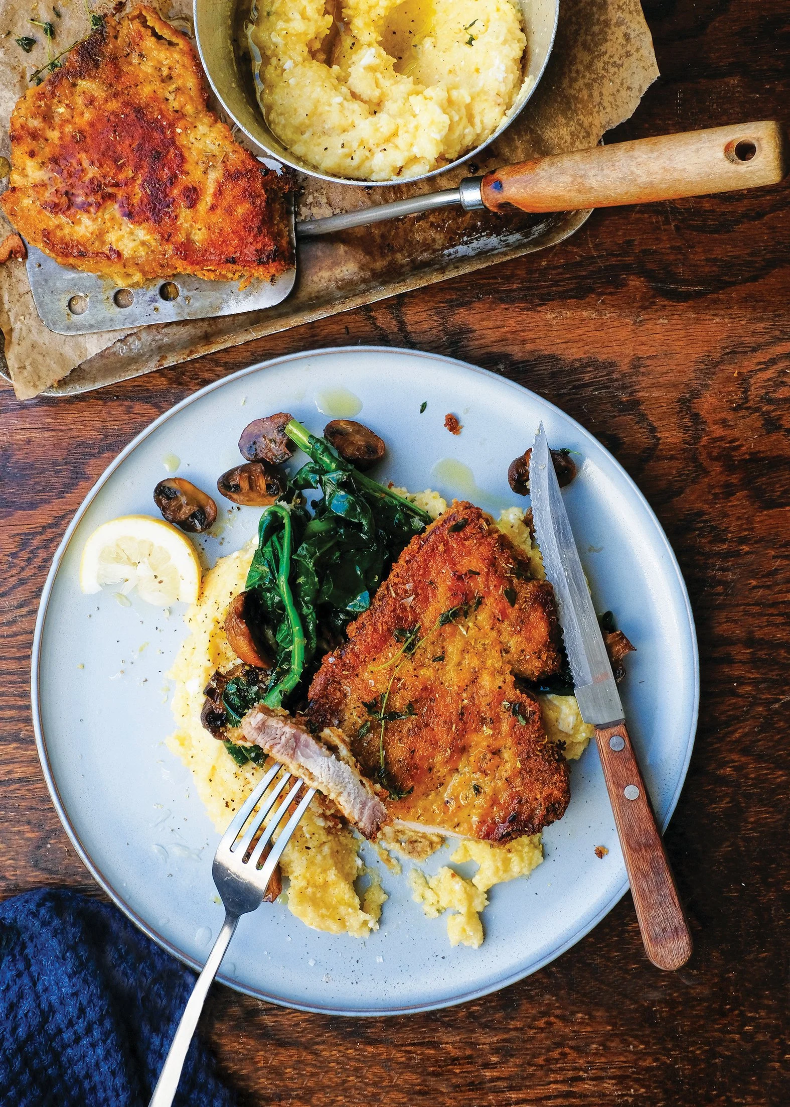 Parmesan pork chops  with quick polenta and garlic butter veggies