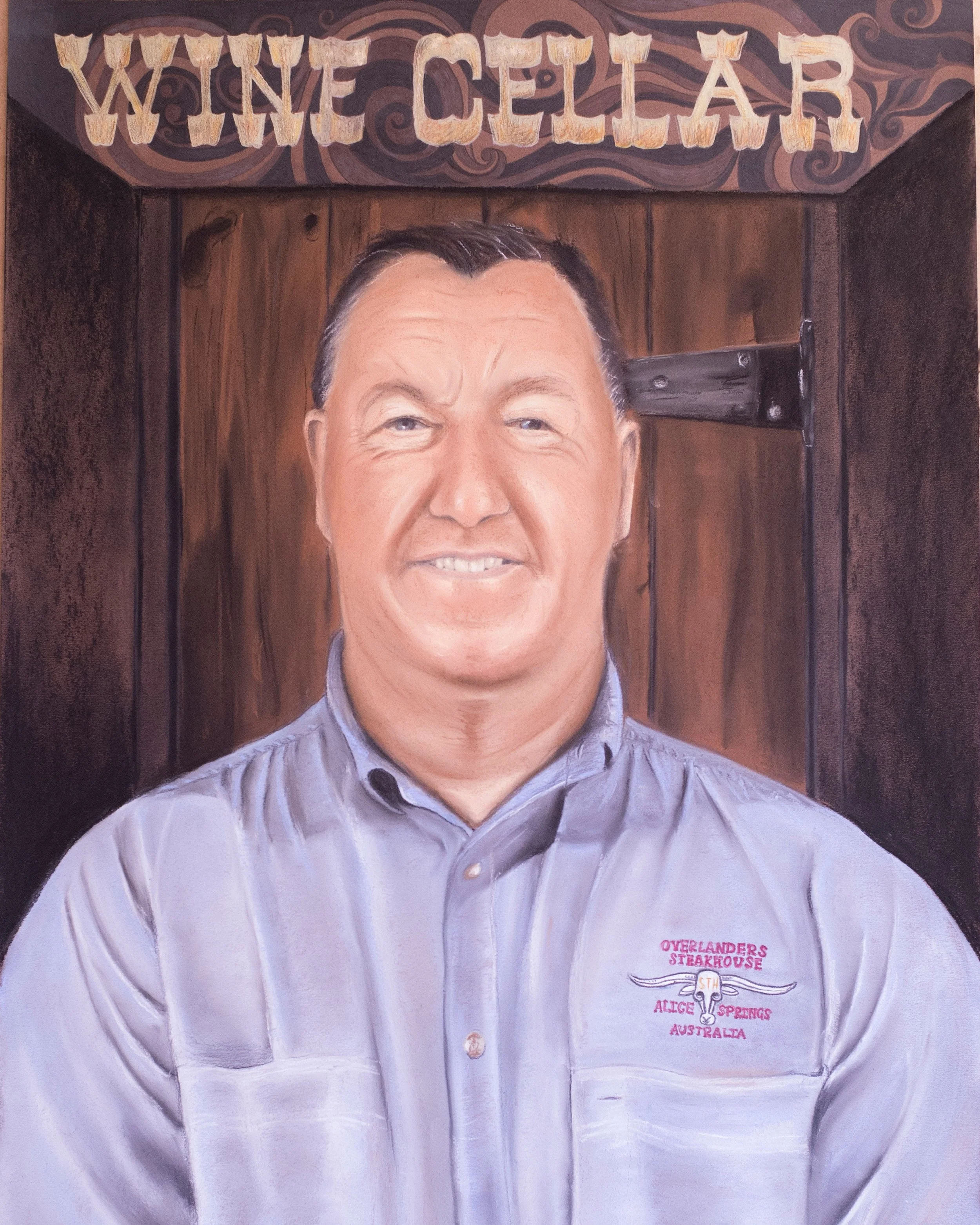    Wayne ‘Krafty’ Kraft   Chalk Pastel on paper  Krafty is a true Territorian. Owner of The Overlander’s Steakhouse in Alice Springs and a regular guest on Tourist Gold FM Radio Station, where he tells informative stories and explains the meanings be