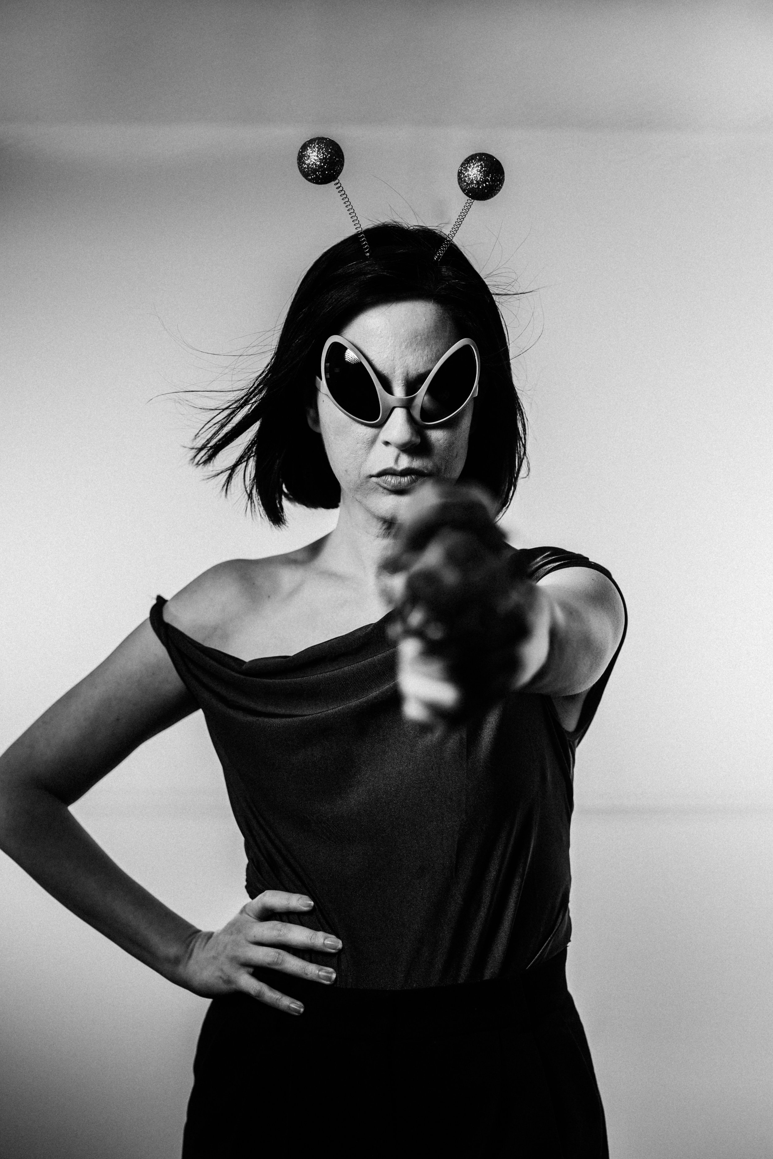 Vickie Lan - bw alien sunglasses and bubble gun
