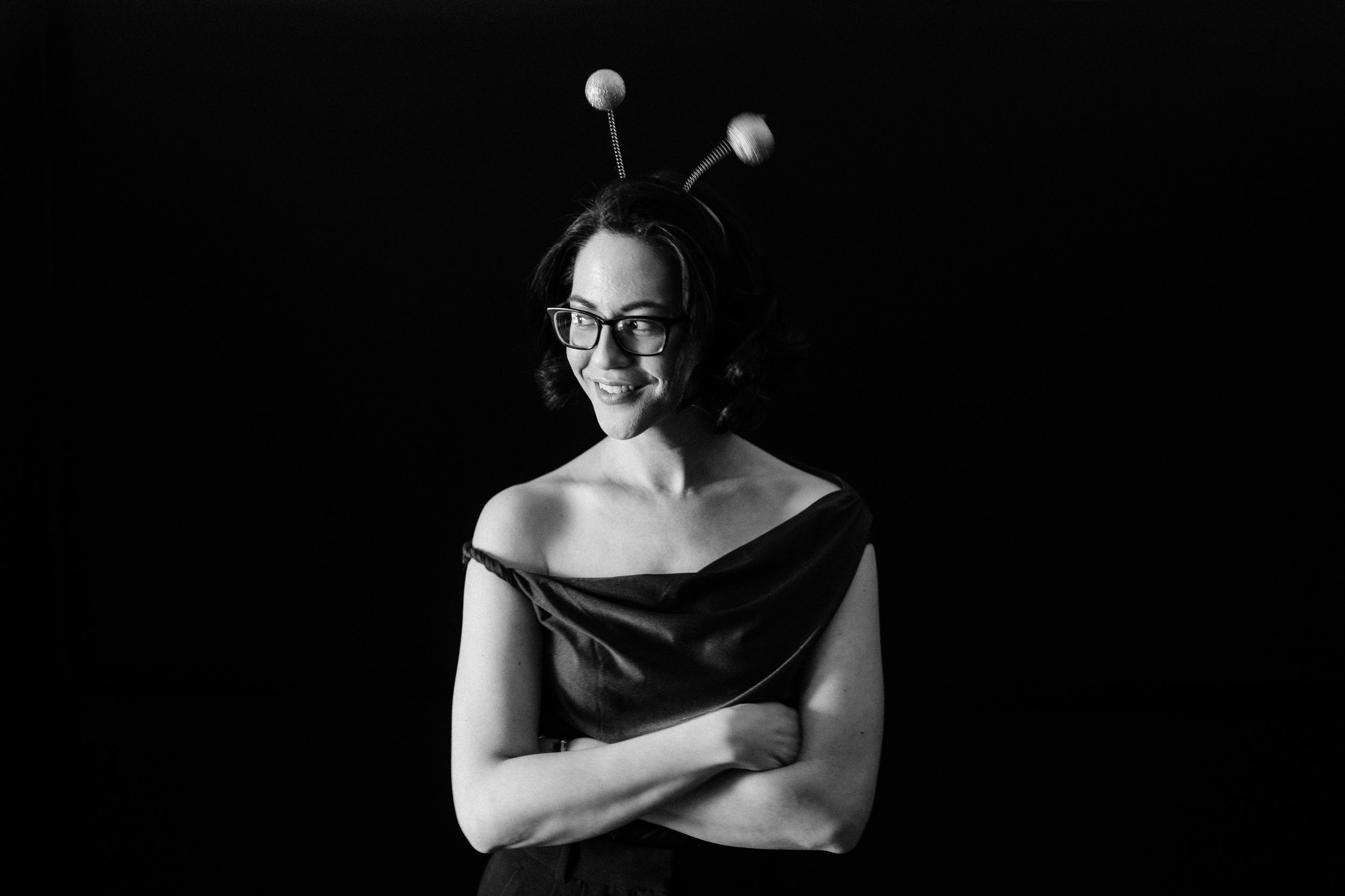 Vickie Lan - bw with alien headband