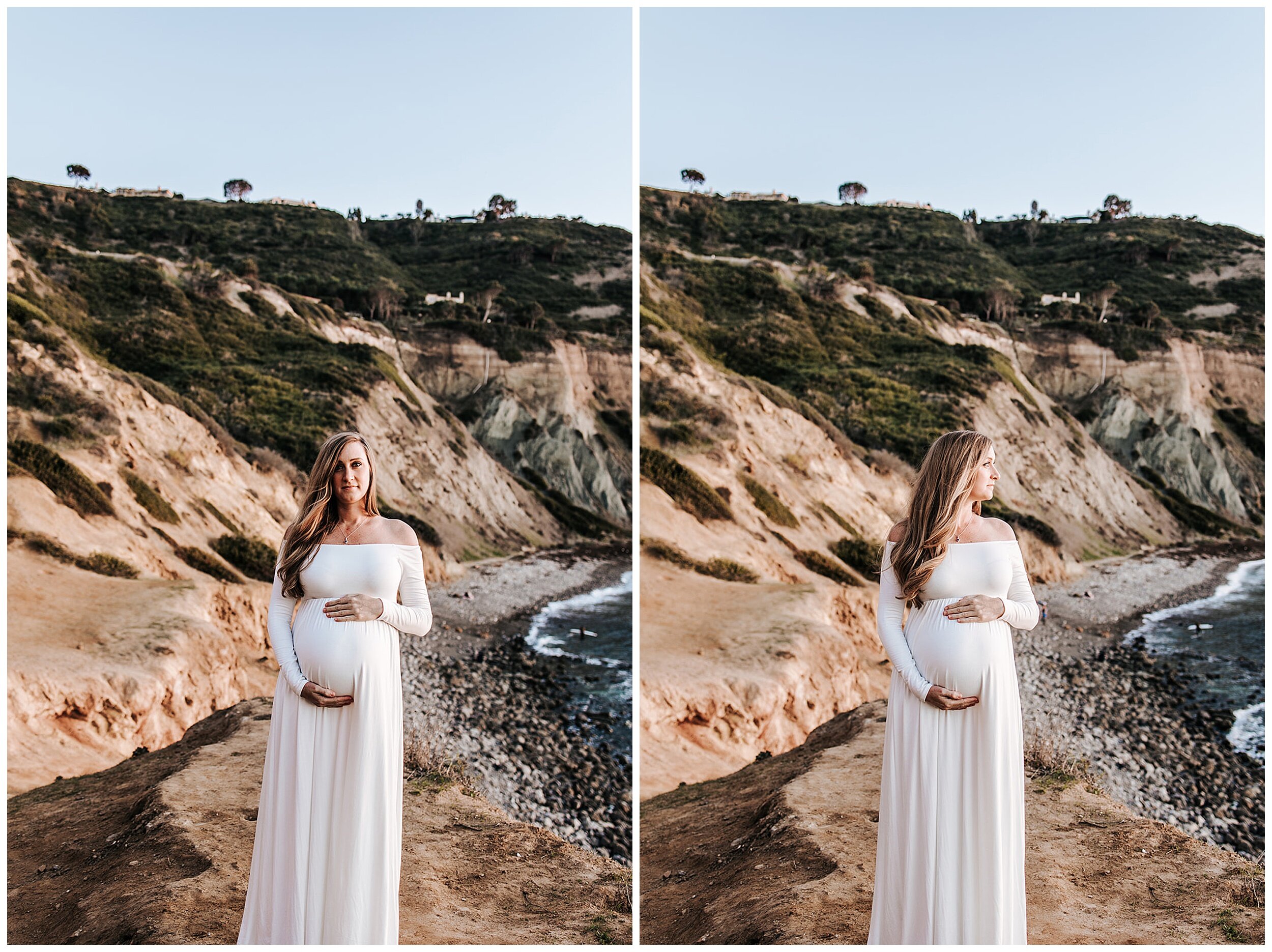 pregnant woman in white dress on beach