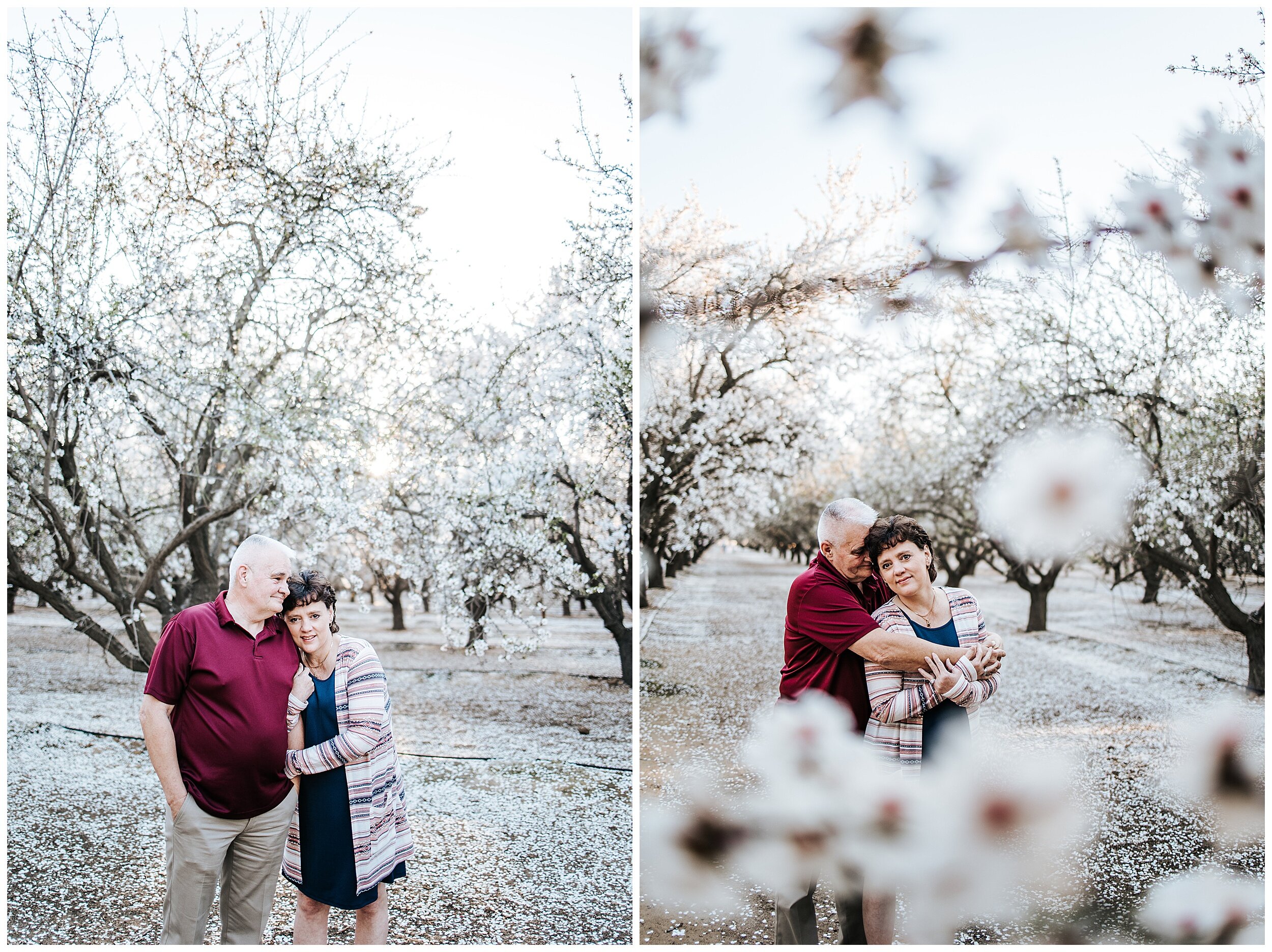 couple standing in almond orchards
