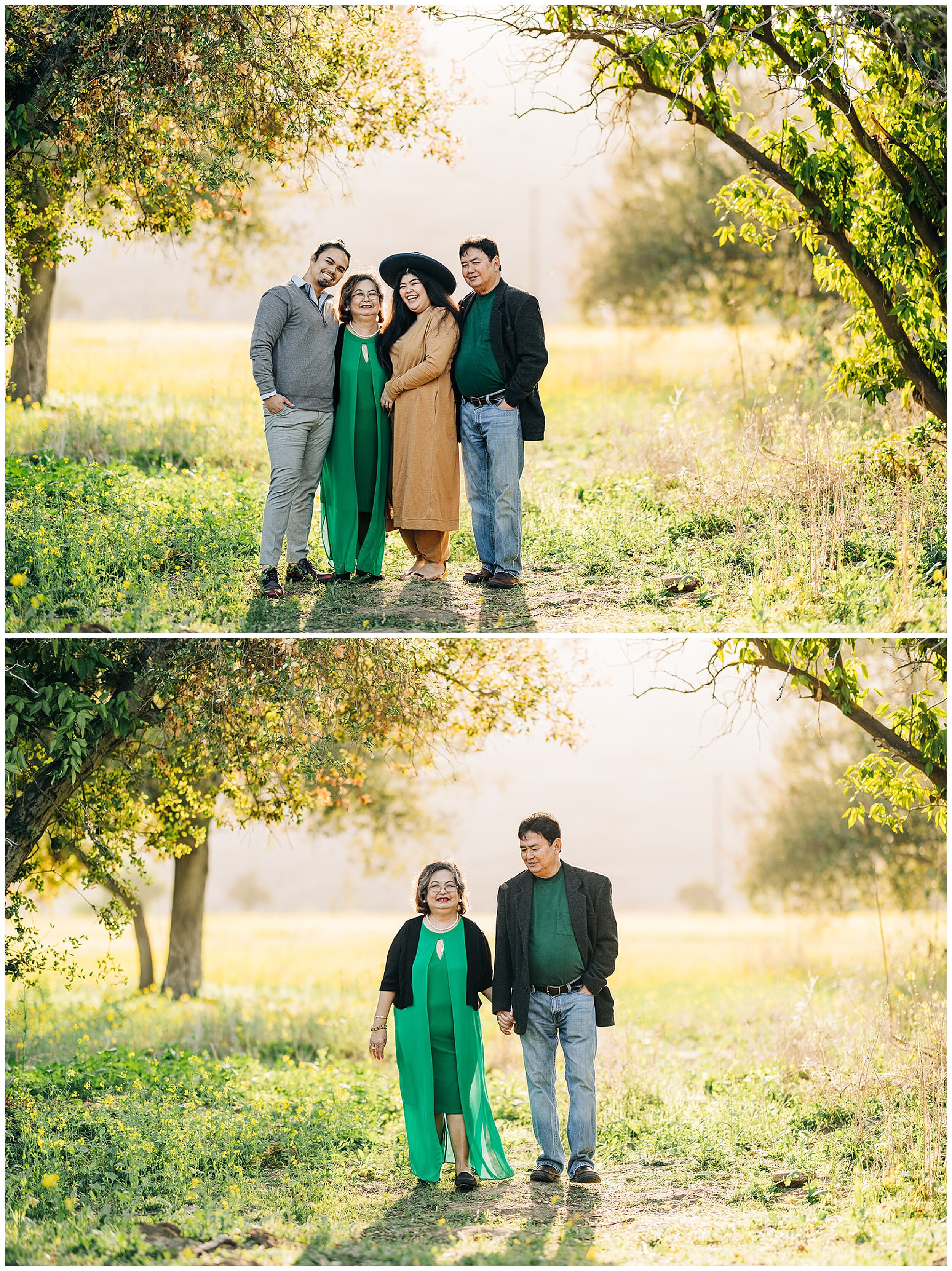 family photos in flower field