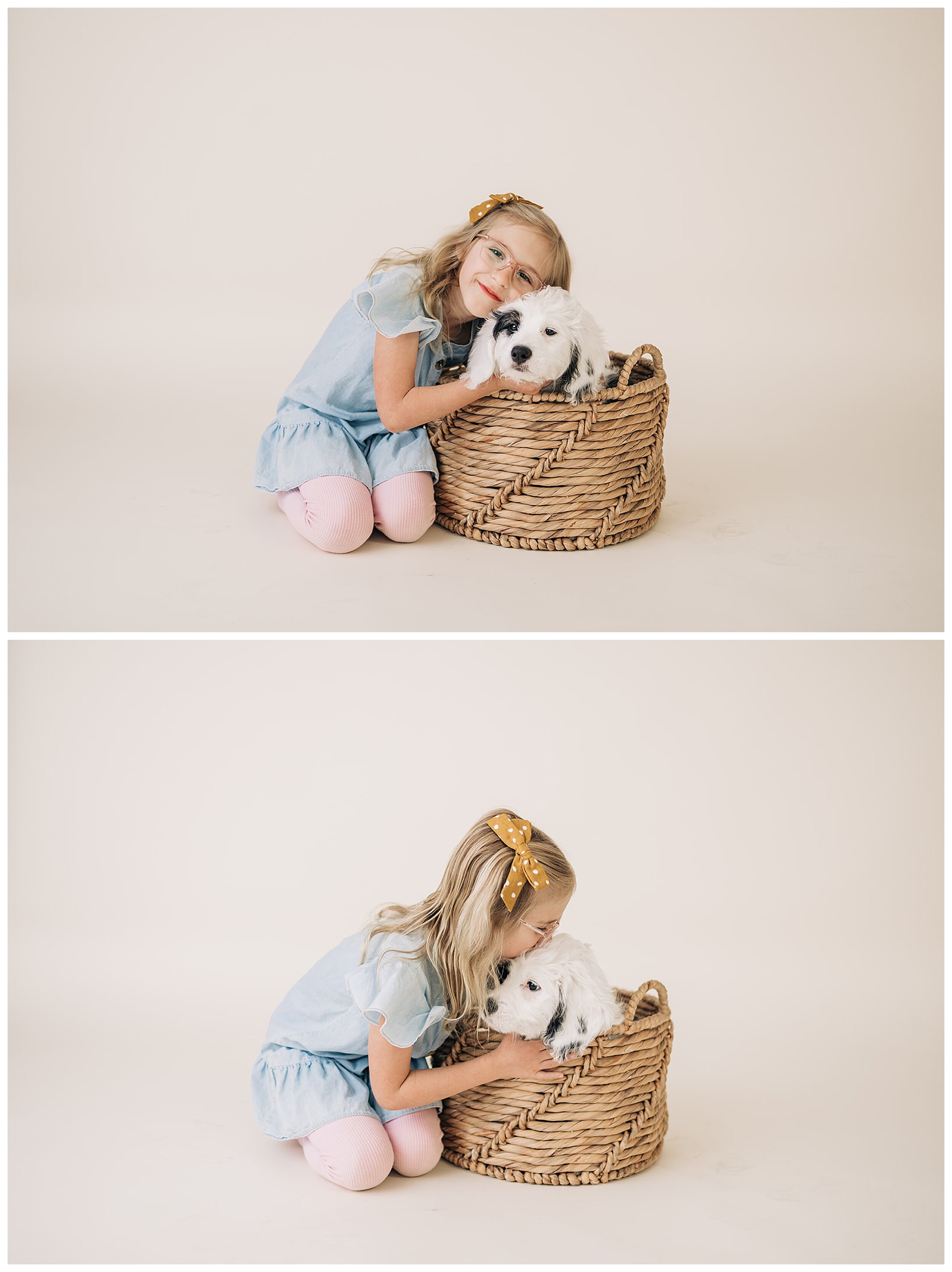 young girl kissing puppy
