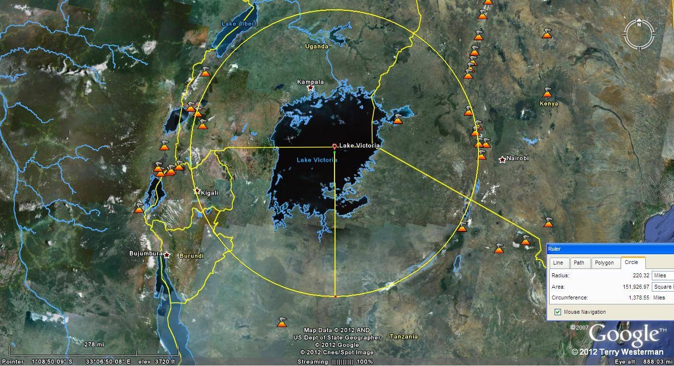 This impact formed Lake Victoria and a part of the Great Rift Valley. The primary seismic circle was at 220 miles radius from the center point. This impact cracked the crust of the Earth along this radius so that a number of volcanoes formed around its rim. It was probably a low density, comet type of object perhaps about the size of the lake itself. The reasoning behind this is that the depression of the lake is large. If the impactor was a hard rock asteroid of this size, the seismic circles would be far more pronounced, something on the order of the Himalayan impact or greater.