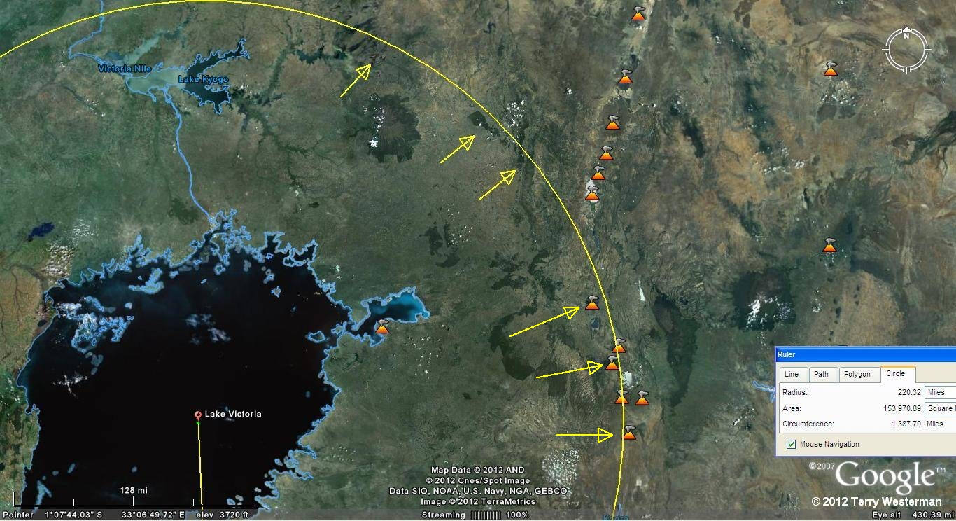 At 220 miles to the Northeast, note the volcanoes on the circle line.
