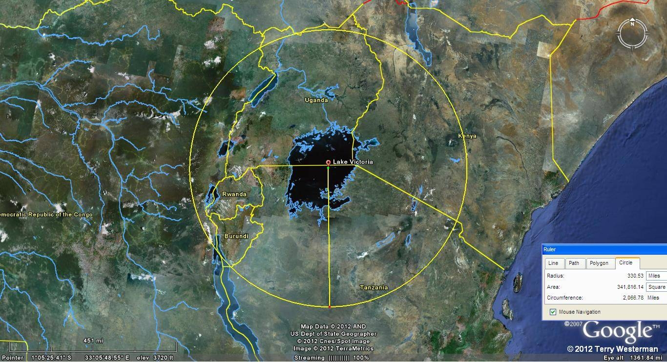 Lake Victoria seismic circle at 330 miles radius.