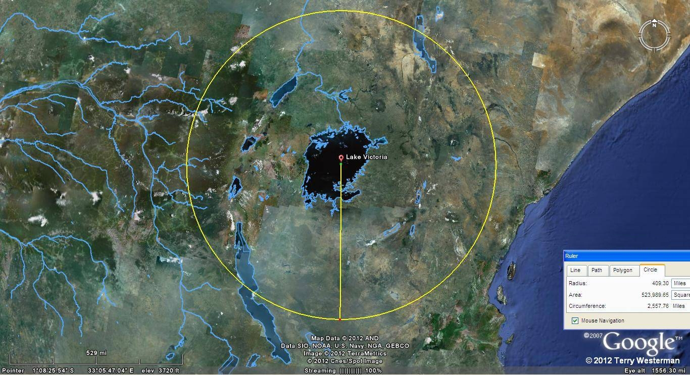At 409 miles the geography follows the circle nicely all around the East side
