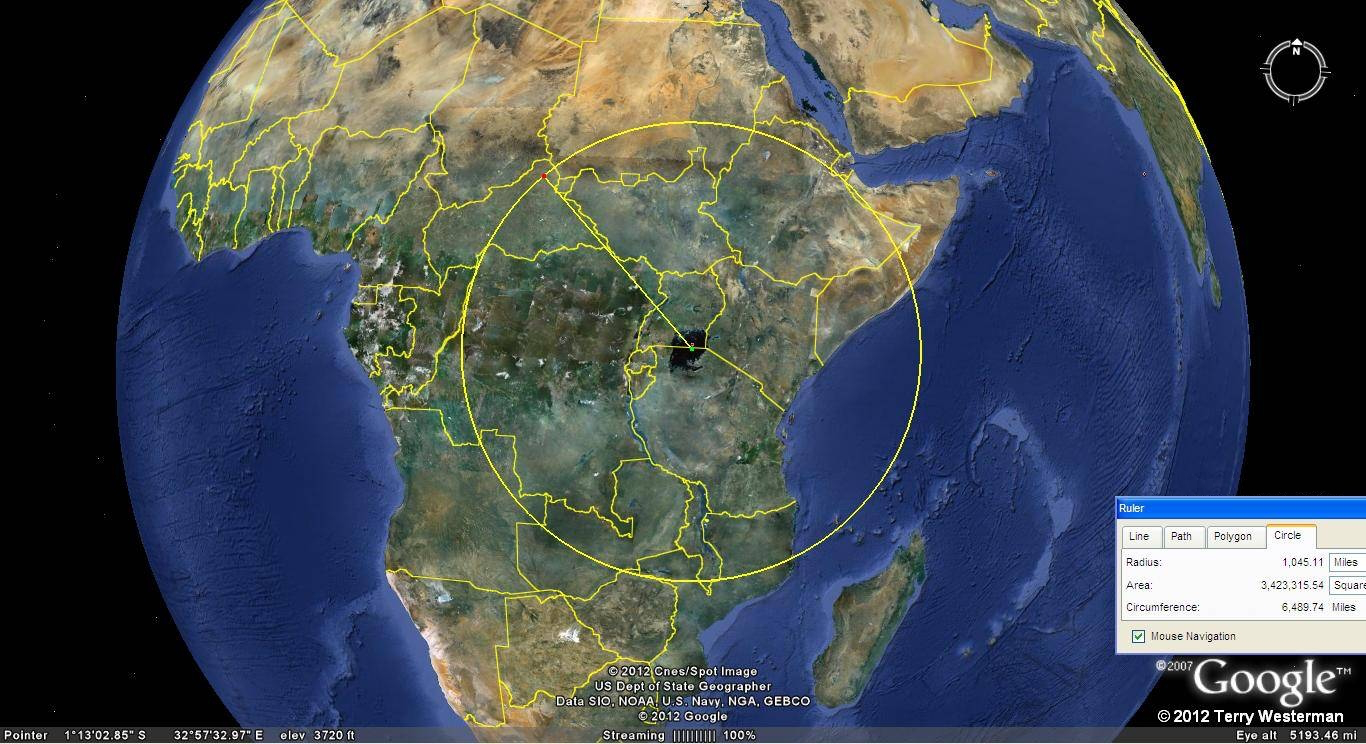 Lake Victoria seismic circle at 1045 miles radius.