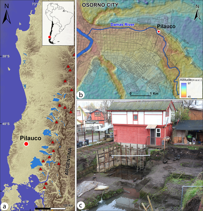 Site location. ( a ) Shaded elevation map of parts of Chile and Argentina showing regional setting of the Pilauco site; red triangles represent Andean volcanoes. Base map: ASTER GDEM is a product of NASA and METI; U.S. Geological Survey data release, 10.5067/ASTER/ASTGTM.002. Image modified with Adobe Photoshop CC2014 ( https://www.adobe.com/products/photoshop.html ). ( b ) Site location within the city of Osorno. Dataset for base map: ©JAXA/METI (Japan Aerospace Exploration Agency/Ministry of Economy, Trade, and Industry), 2017, 10.5067/Z97HFCNKR6VA. Both images were modified with Adobe Photoshop CC2014 ( https://www.adobe.com/products/photoshop.html ) and Adobe Illustrator ( https://www.adobe.com/products/illustrator.html ). ( c ) Photograph of the protected Pilauco site excavations.