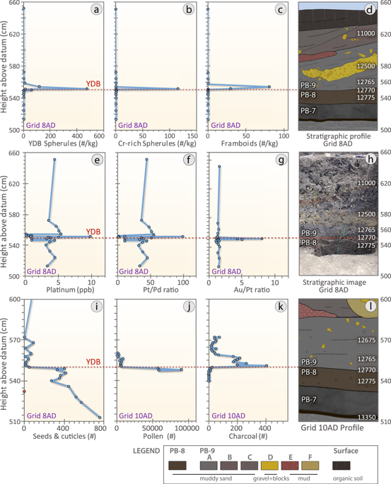 Changes in impact-related and environmental proxies at the PB-8/PB-9 boundary (YDB), showing peak concentrations of high-temperature impact spherules, framboids, and elemental proxies, including Pt, along with changes in charcoal and plant macrofossil abundances. ( a ) Group 1: high-temperature, Fe- and Si-rich impact spherules exhibit a peak abundance of ~520/kg at ~552 cm; ( b ) Group 2: Cr-rich spherules have a peak abundance of ~115/kg at ~552 cm; ( c ) Group 4: authigenic framboids have a peak abundance of ~80/kg at ~554 cm. ( d ) Stratigraphic profile of grid 8AD. Age of PB-8/PB-9 boundary is 12,770 ± 160 cal yr BP. ( e ) Pt abundance peak of 9.9 ppb in the YDB layer at 551 cm coincident with the boundary of units PB-8 and PB-9. ( f ) Anomalous Pt/Pd ratios are restricted to the PB-8/PB-9 boundary suggesting the influx of non-local Pt at the YDB. ( g ) Anomalous Au/Pt ratios are also restricted to the PB-8/PB-9 boundary suggesting the influx of non-local Au at higher concentrations than those of the non-local Pt. ( h ) Photograph of sampling section in grid 8AD. Green pins mark sampling levels. ( i ) Abundance record of seeds showing the major decline at the YDB layer. ( j ) Pollen concentrations showing the abrupt decline in the YDB layer. ( k ) Abrupt increase in charcoal peaking at the YDB layer with continuing high concentrations in the overlying ~10 cm. ( l ) Stratigraphic profile for grid 10AD. Group 3 volcanic spherules were found in low concentrations throughout the profile in grid 8AD (not plotted here; see Supplementary Fig. S11a ). Group 5 anthropogenic spherules were restricted to surface sediments in grid 8AD (not plotted here; see Supplementary Fig. S11b ). Group 6 rounded detrital grains (not plotted) are common throughout the entire profile. Legend is the same as in Fig. 2 .