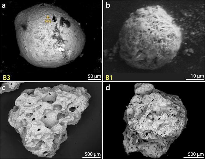 Ca- and Si-rich basaltic volcanic spherules and basaltic glass fragments from Pilauco. ( a , b ) Group 3 volcanic spherules contain SiO2 at >17 wt.% and SO3 at >1 wt.%, but lack Cr2O3. Compositions are listed in Supplementary Table S7 . ( c , d ) Vesicular basaltic glass fragments from a height of 548 cm that are commonly found in all samples from the Pilauco profile. These fragments of basaltic glass contain Cr-rich inclusions and are geochemically similar to the Group 3 volcanic spherules in ( a , b ).
