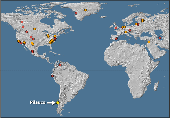 Location map showing 53 YDB sites. Orange dots represent 28 sites with peaks in both platinum (Pt) and other impact proxies such as high-temperature Fe-rich spherules. Red dots represent 24 sites with impact proxies but lacking Pt measurements. Yellow dot indicates the Pilauco site. North and Central America, n = 30 sites; South America, n = 3; Greenland, n = 2; Europe, n = 16; and Asia, n = 2. Map source: USGS, Sioux Falls, accessed October 17, 2011; and Japan ASTER Program (2003), ASTER Global Digital Elevation Map, GDEM-10 km-BW, accessed October, 2017 from https://asterweb.jpl.nasa.gov/gdem.asp , 10.5067/ASTER/ASTGTM.002. Modified with Adobe Photoshop CC2014 (adobe.com/products/photoshop.html).