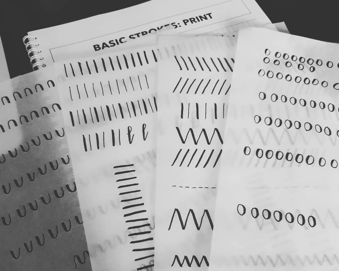 Basic stroke practice using Amanda Arneil’s ‘Let’s Start Lettering' course. Lots of tracing paper!
