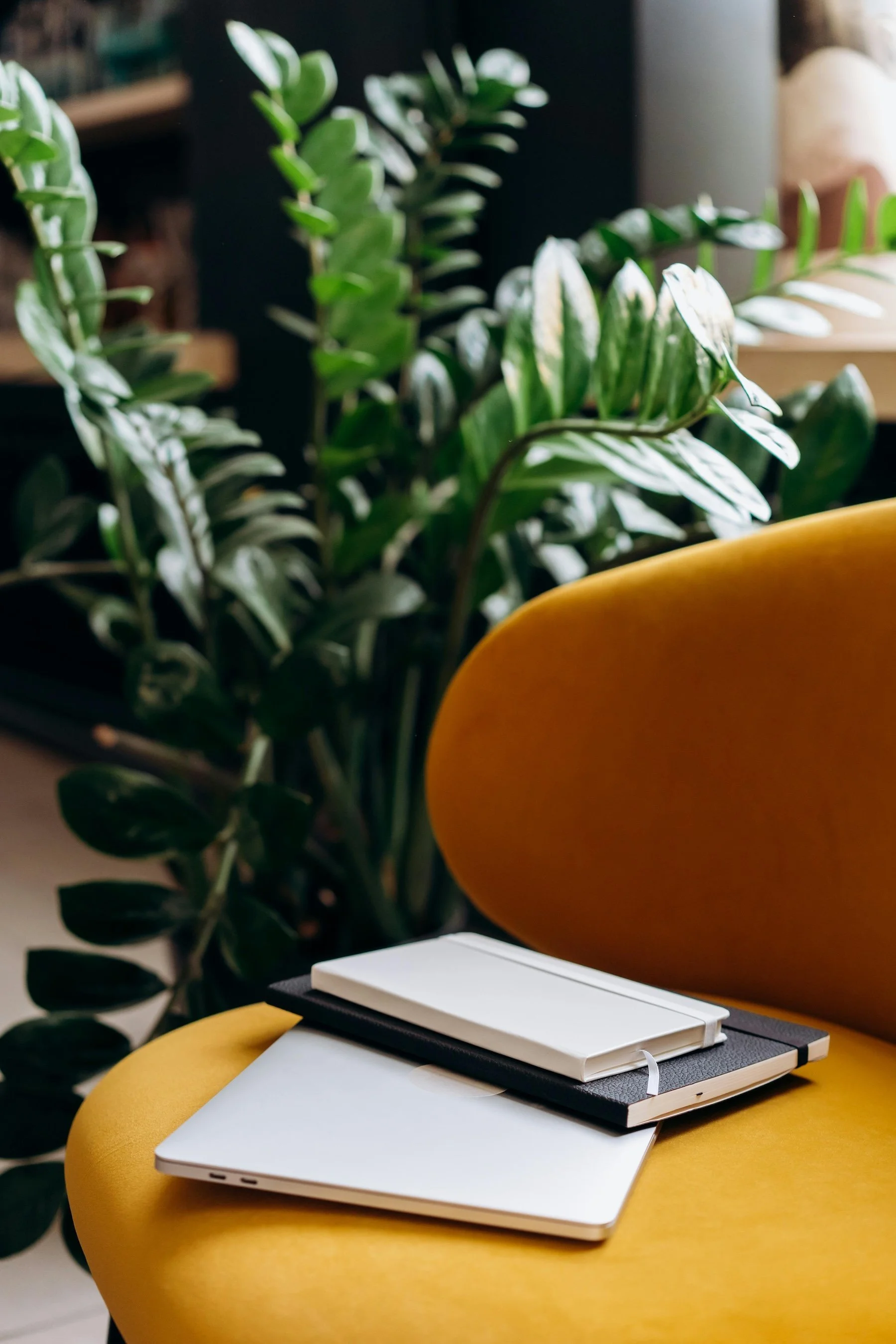 a stack of notebooks on a yellow sofa