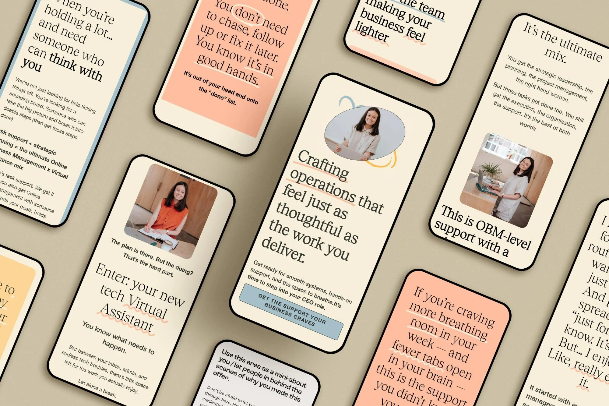 flatlay of several mobile devices showing a website designed for a virtual assistant