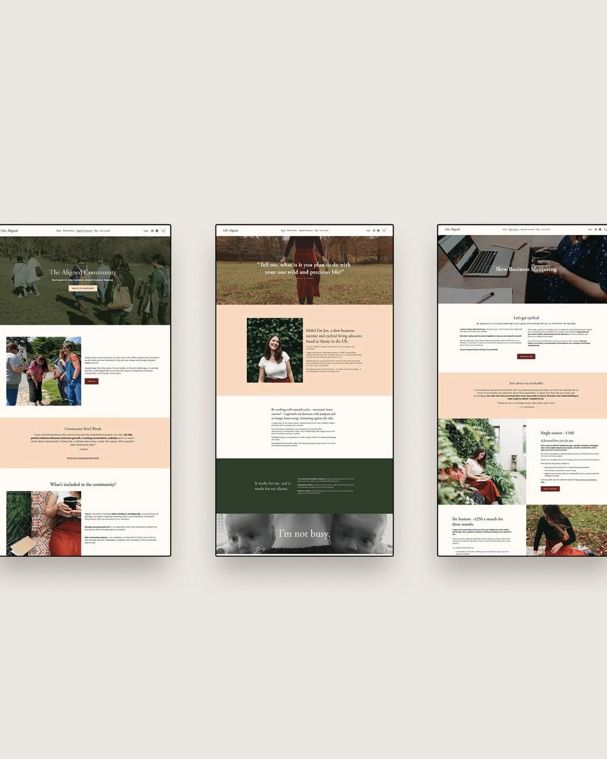 Screenshots of three different website homepage layouts on mobile devices, showing various community and mentoring services.