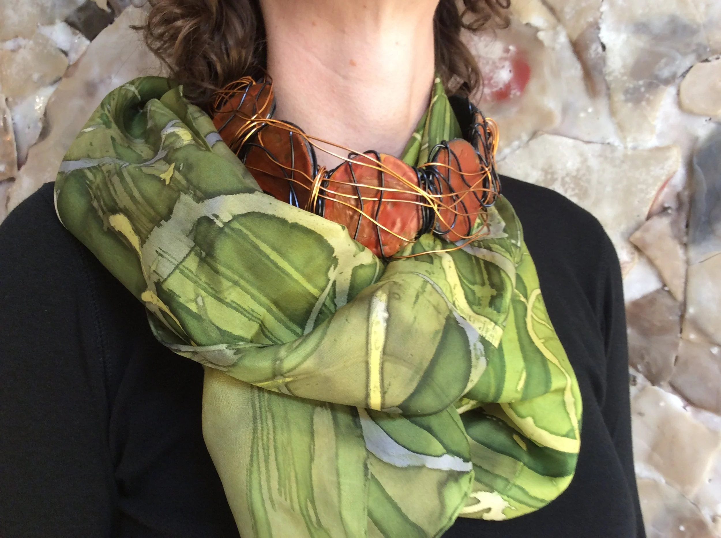 Look with Indian Red Necklace and Green Batik Scarf 