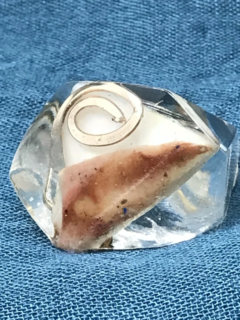 To create this ring I encased in clear resin encaustic remnants of my large sculptural artworks and sterling silver metal. These fragments are precious stones of a different kind. My jewelry is inspired by the archeological artifacts. The ancient e