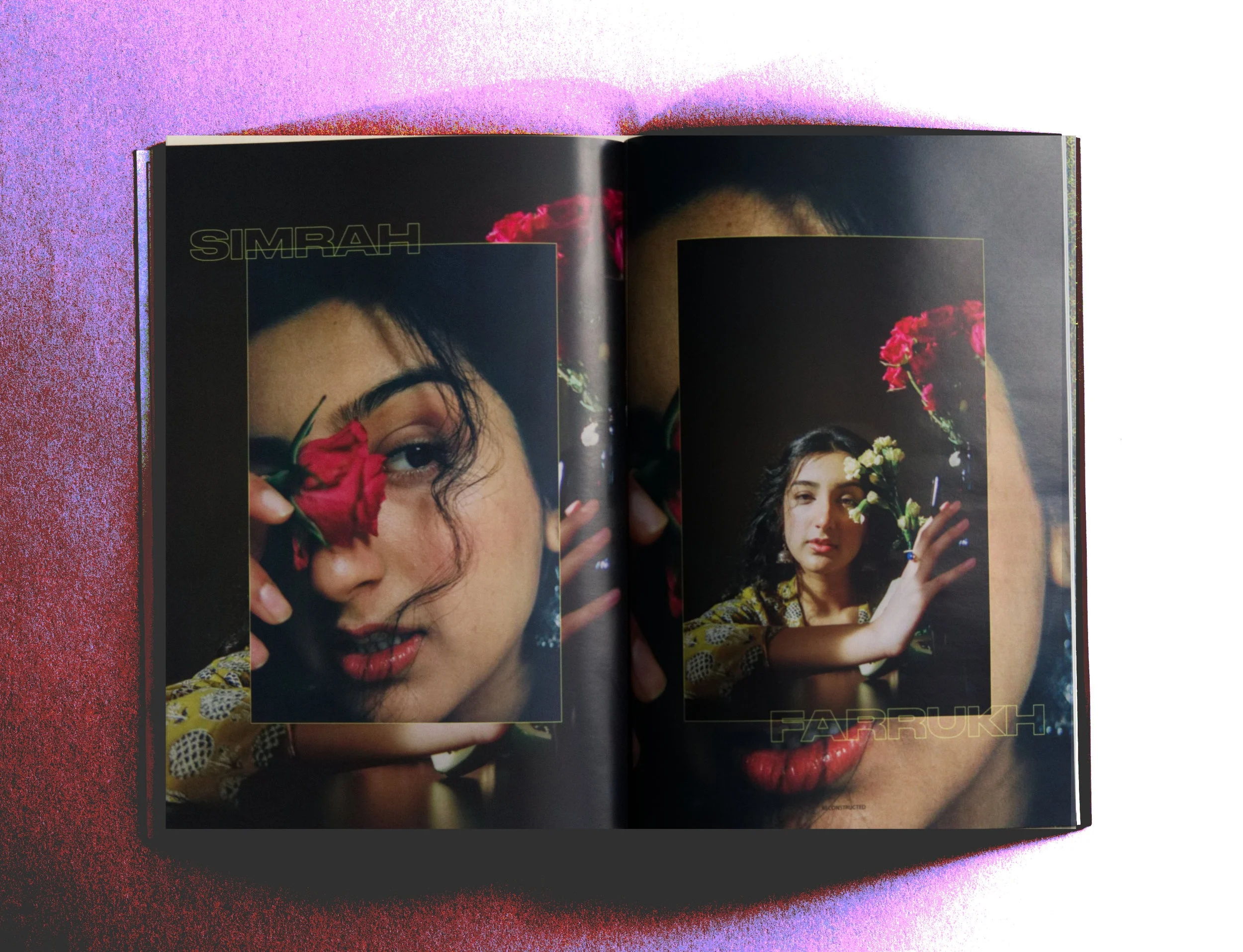 Image description: A spread from Volume 1: Light Upon Light featuring photos by Simrah Farrukh on a black background with her name on it.
