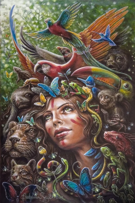   Teaming with life, "Pura Vida" hosts a multitude of Costa Rican animals. The woman is one of them, and together they rise up towards the light, towards unity and prosperity. May we always remember that we are a part of nature, not apart from it. Ma