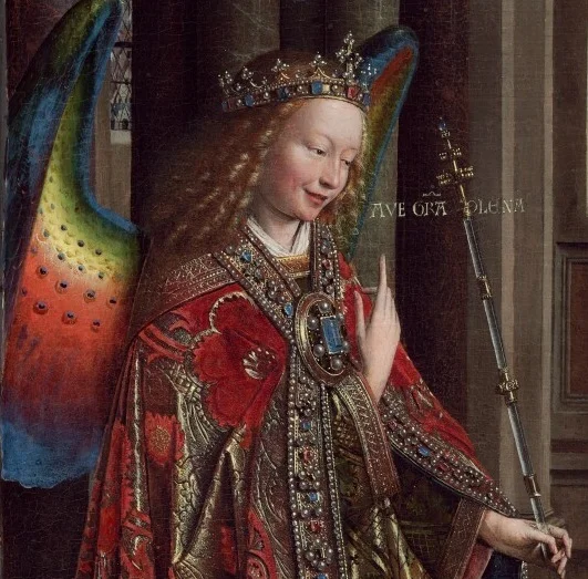 Jan van Eyck, The Annunciation (detail). 1434-1436. Archangel Gabriel being fly as hell. Also, I want those wings. Do you think they sell them at Party City?